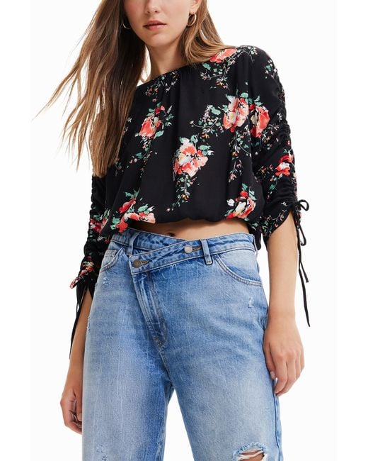 Desigual Black Adjustable-Sleeve Floral Blouse, Viscose