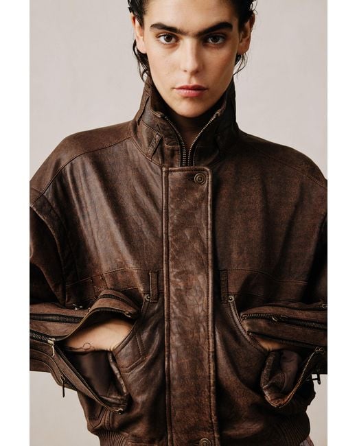 Desigual Brown Studio Leather Jacket With Zippers, Sheep Leather