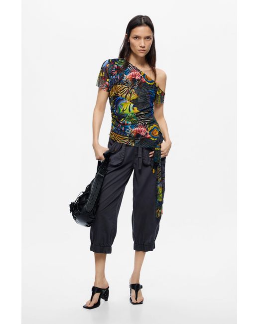 Desigual Blue Asymmetrical Lacorix T-Shirt, Polyester