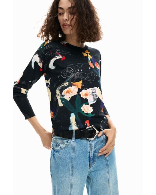 Desigual Blue Thin Sweater Plants
