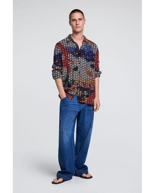 Desigual Blue Embroidered Printed Shirt for men