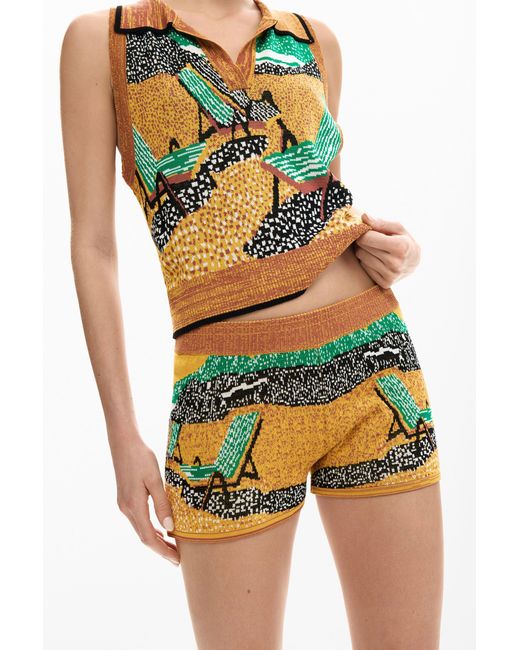 Desigual Brown Printed Knit Shorts