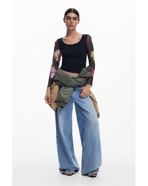 Desigual Blue T-Shirt With Printed Sleeves