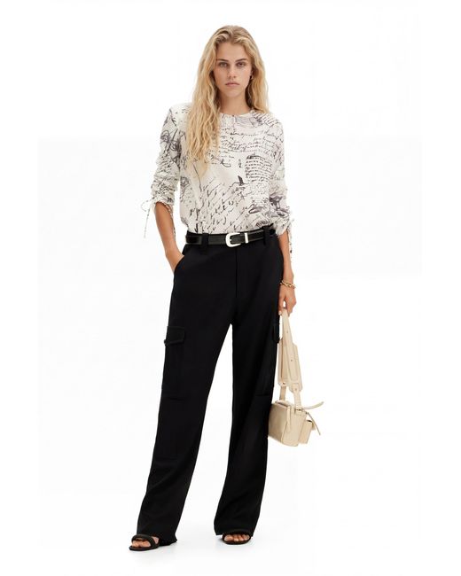 Desigual White Blouse With Adjustable Sleeves And Text Prints