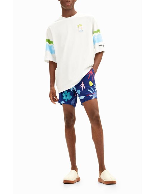 Desigual Blue Tropical Leaf Swimsuit, Polyester for men