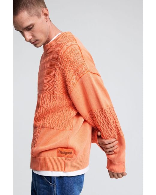 Desigual Orange Plain Knit Sweater, Cotton for men