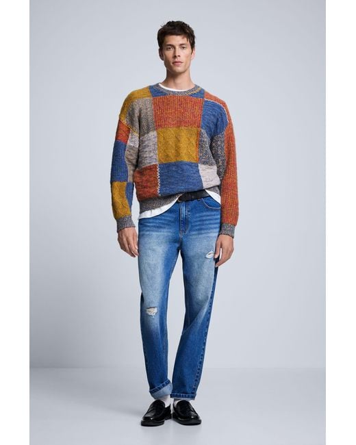 Desigual Blue Patchwork Knit Sweater for men
