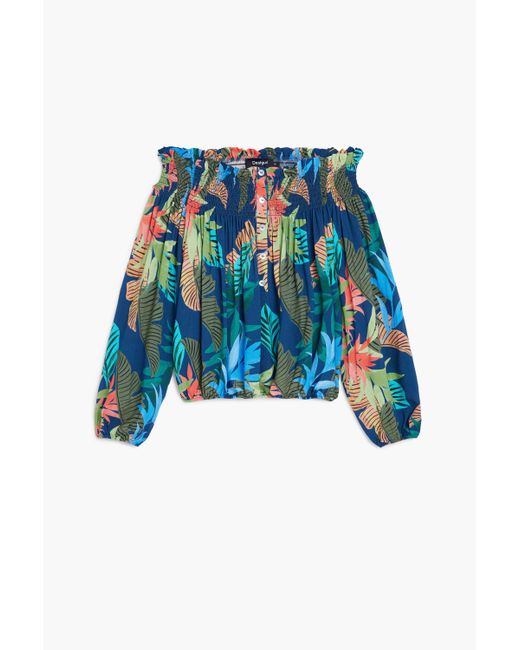 Blusa Estampada Escote Barco Desigual de color Blue