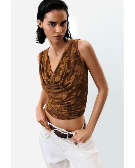 Desigual Brown Draped Sleeveless T-Shirt, Polyester