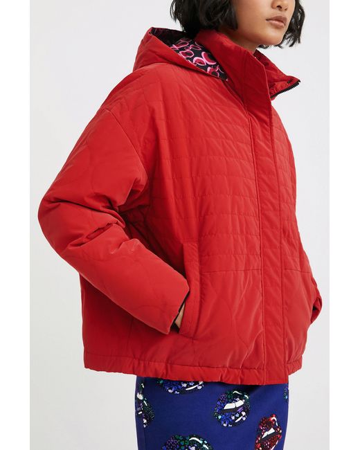Desigual Red Short Quilted Hooded Jacket, Polyester