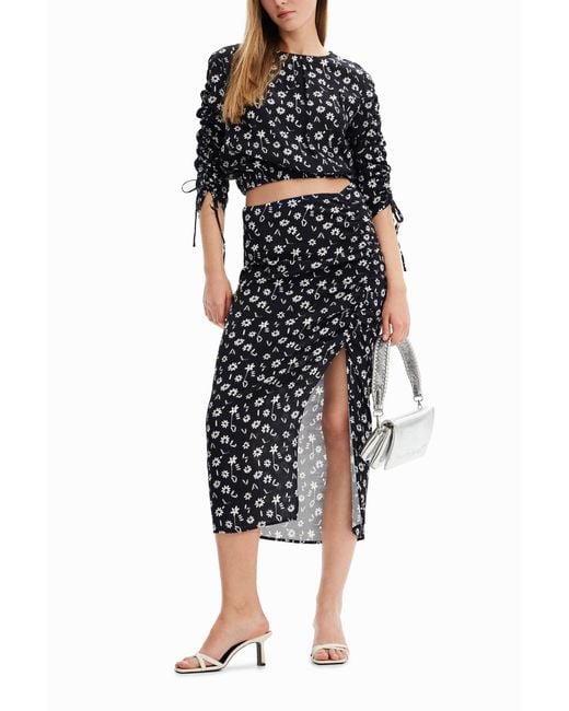 Desigual Black Floral Slit Midi Skirt, Viscose