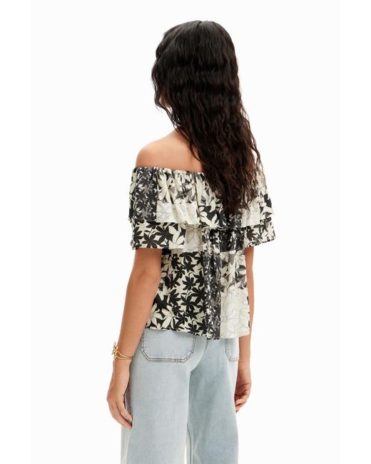 Desigual White Patchwork Floral Ruffle Blouse, Viscose