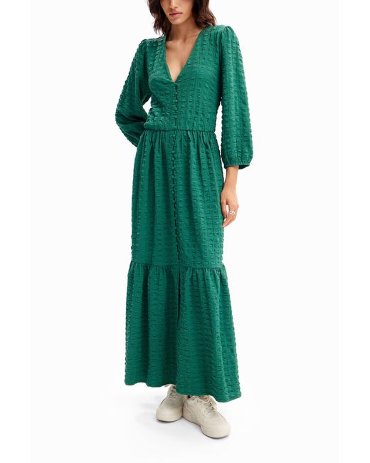 Desigual Green Textured Long Dress, Polyester