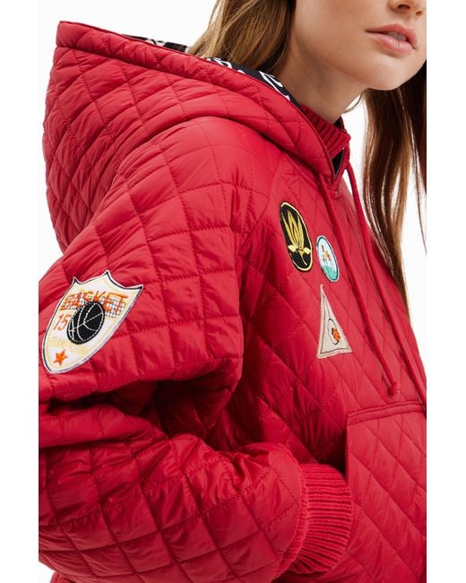 Desigual Red Padded Hoodie With Patches, Polyamide