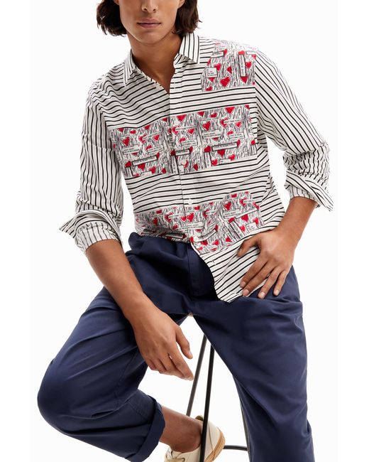 Desigual White Striped Love Shirt, Cotton for men