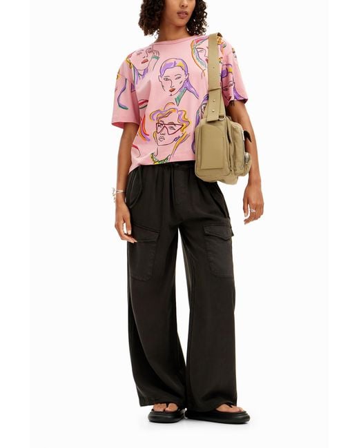 Desigual Pink Arty Faces T-Shirt, Cotton