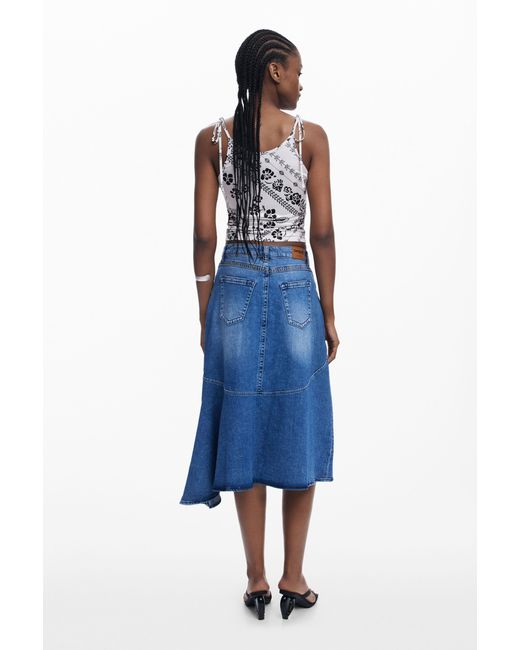 Desigual Blue Asymmetric Midi Denim Skirt, Cotton