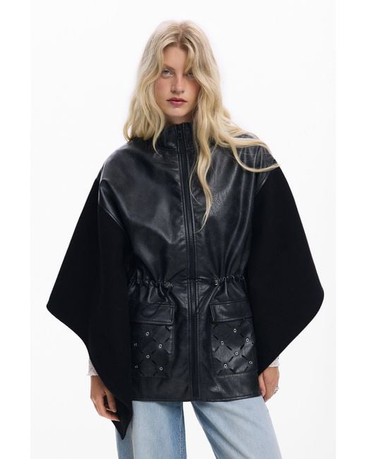 Desigual Blue Combined Faux Leather Poncho