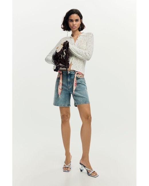 Desigual Blue Embroidered Denim Shorts, Polyester