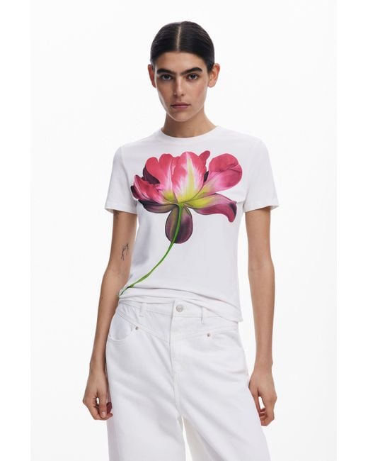 Desigual White Large Flower T-Shirt, Cotton