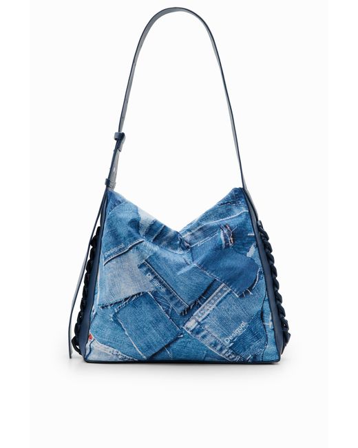 Desigual Blue Large Denim Patchwork Bag, Polyester