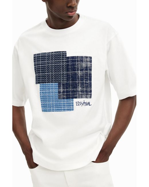 Desigual White T-Shirt With Central Patch, Cotton for men