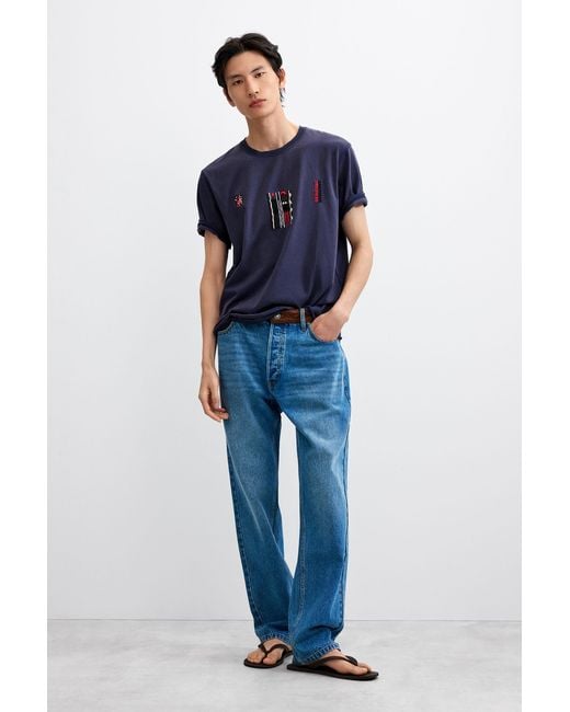 Desigual Blue Embroidered Knit T-Shirt, Cotton for men