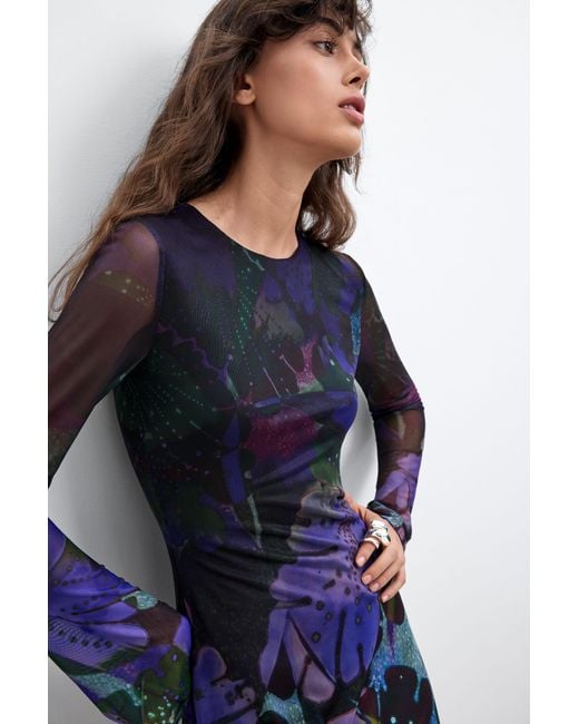 Desigual Blue Knit Dress Leaves S. Lacroix, Polyester