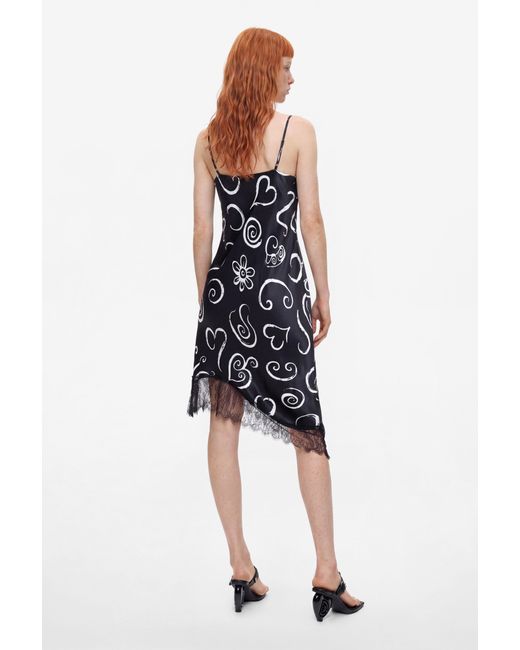 Desigual Black Short Printed Strappy Dress, Viscose