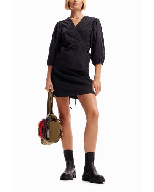 Desigual Black Embroidered Wrap Blouse, Cotton