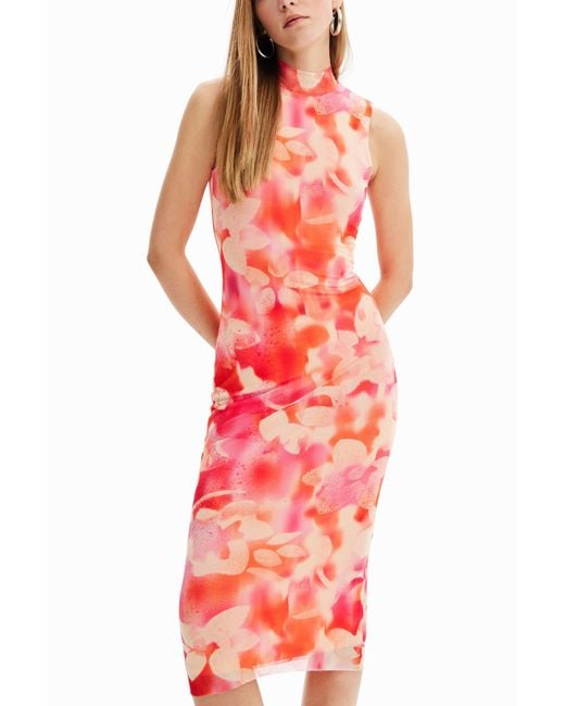 Desigual White Floral Tulle Midi Dress, Polyester