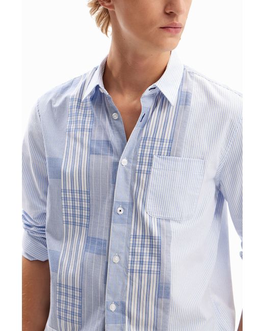 Desigual Blue Plaid Patchwork Shirt, Cotton for men