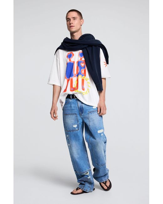 Desigual White Printed T-Shirt With Robots, Cotton for men