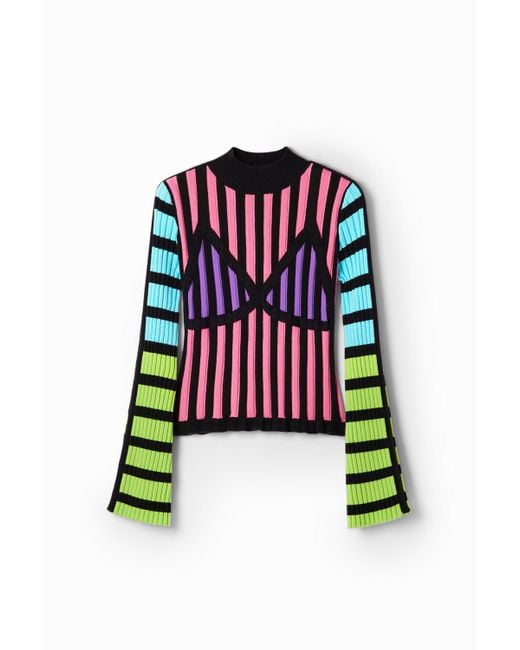 Desigual Red María Escoté Striped Ribbed Pullover
