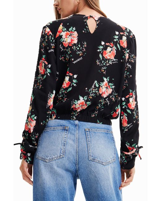 Desigual Black Adjustable-Sleeve Floral Blouse, Viscose