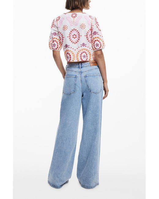 Desigual White Boho Printed Blouse With Bows, Cotton