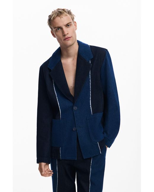 Desigual Blue Blazer With Combined Seams, Cotton for men