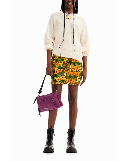 Desigual Yellow Slim Floral Mini Skirt, Cotton