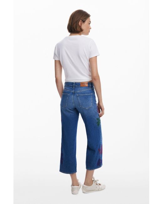 Desigual Blue Embroidered Culotte Jeans