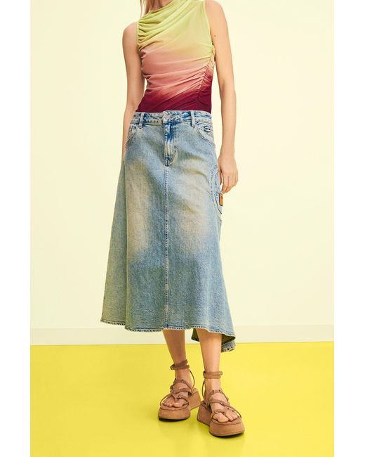 Desigual Green Asymmetrical Denim Skirt, Cotton