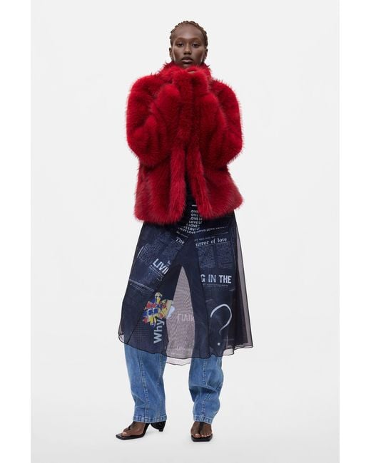 Desigual Red Short Fur Coat, Polyester