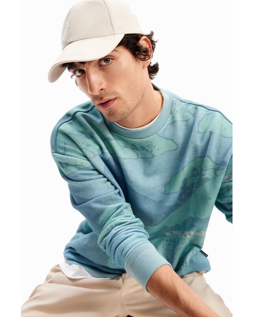 Desigual Blue Japanese Landscape Sweatshirt for men