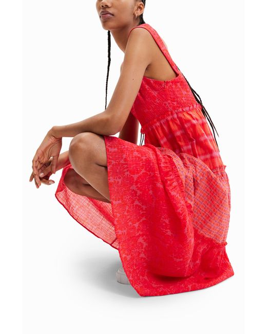Desigual Red Long Patchwork Strappy Dress, Polyester