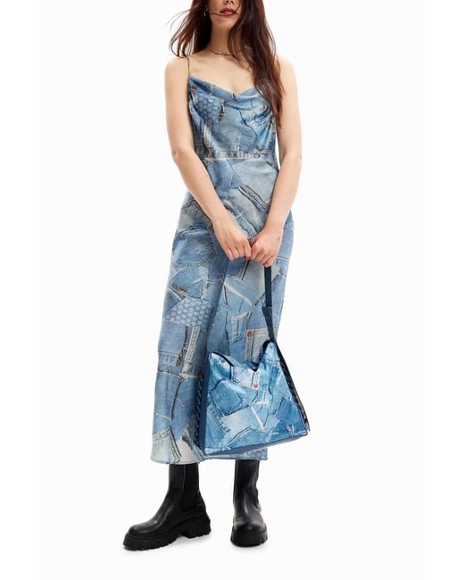 Desigual Blue Large Denim Patchwork Bag, Polyester