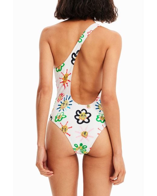 Desigual White Asymmetric-Strap Sun Swimsuit