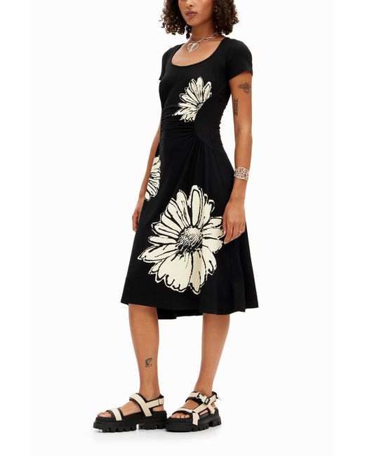 Desigual Black Short-Sleeved Midi Dress With Neckline And Daisies. Viscose