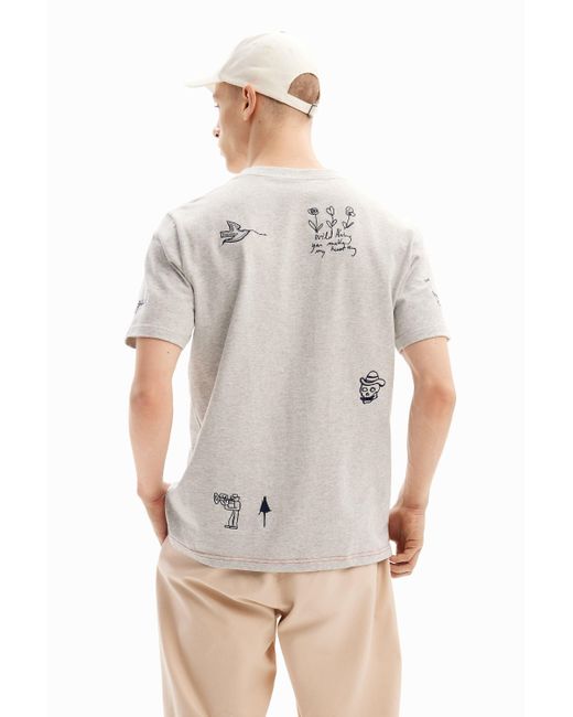 Desigual Gray Embroidered Illustration T-shirt for men