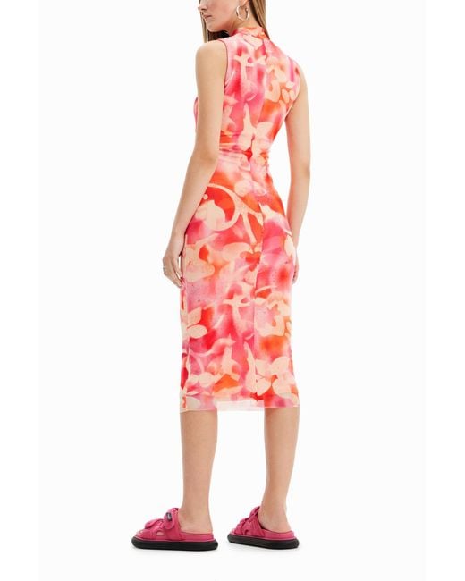 Desigual White Floral Tulle Midi Dress, Polyester