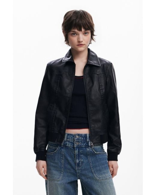 Desigual Blue Faux Leather Biker Jacket