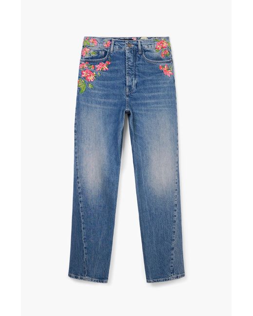 Desigual Blue Long Denim Pants With Flowers, Cotton
